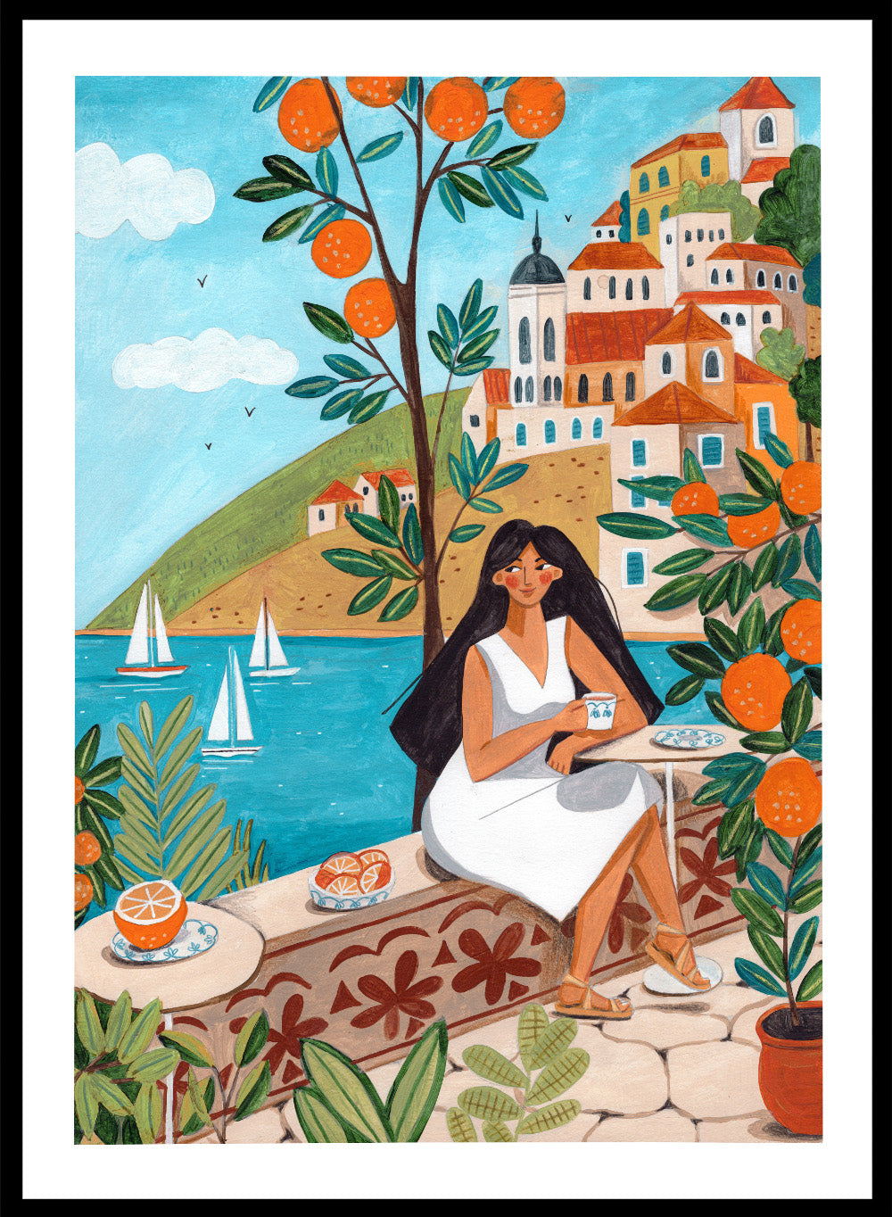 Woman in a white dress sitting under an orange tree with a scenic coastal town in the background. Mediterranean Orange Grove View by Caroline Bonne Müller fine art print, wall art poster with coastal scene, orange trees, modern aesthetic design