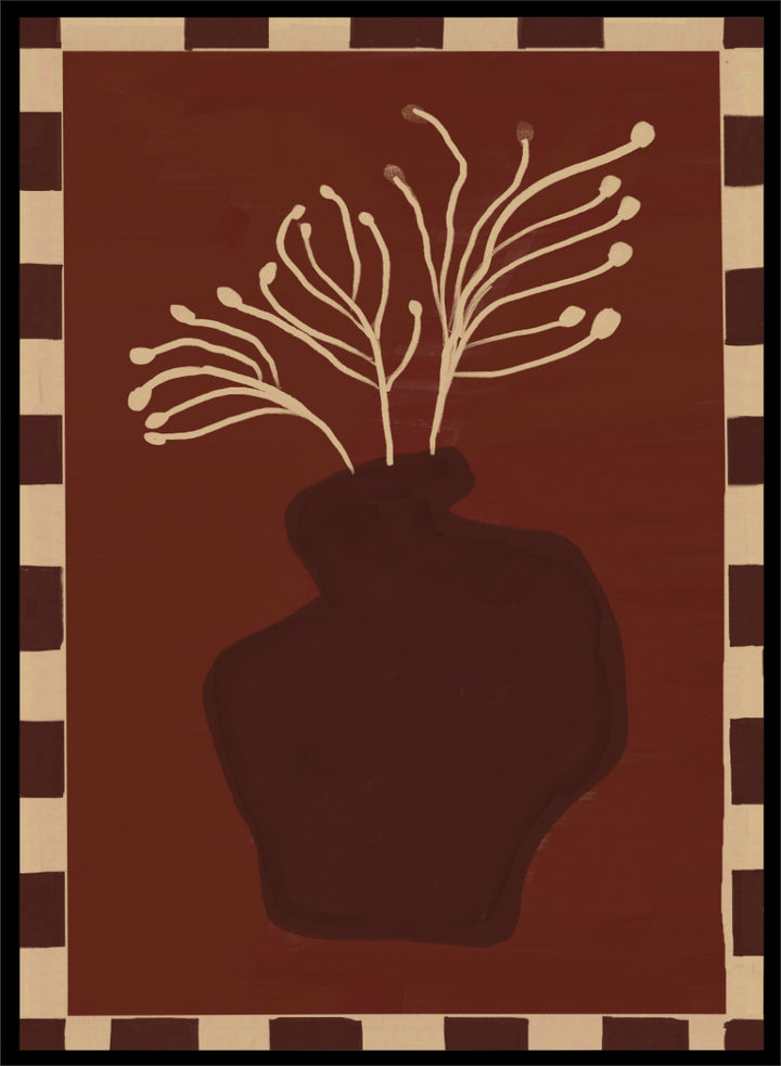 An art print featuring a dark brown abstract vase with cream branching stems on a deep reddish-brown background, framed by a beige and dark brown checkered border. Minimalist Vase Plant by The Art Concept still life art print featuring a dark vase, cream stems, checkerboard border, and warm rust-brown tones.