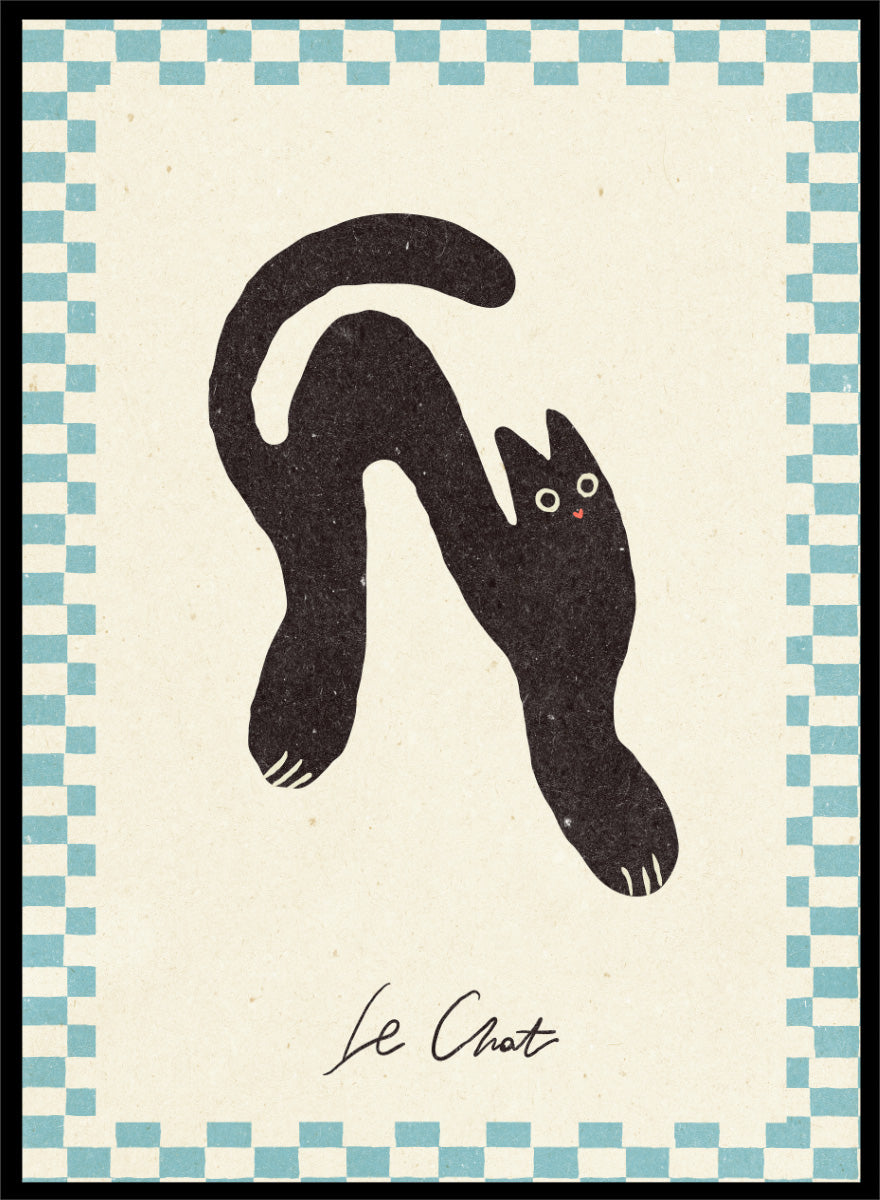 Shop Le Chat No.02 by NKTN, a playful black cat wall art print poster featuring a stretched cat, checkerboard border, and quirky vintage-inspired style.