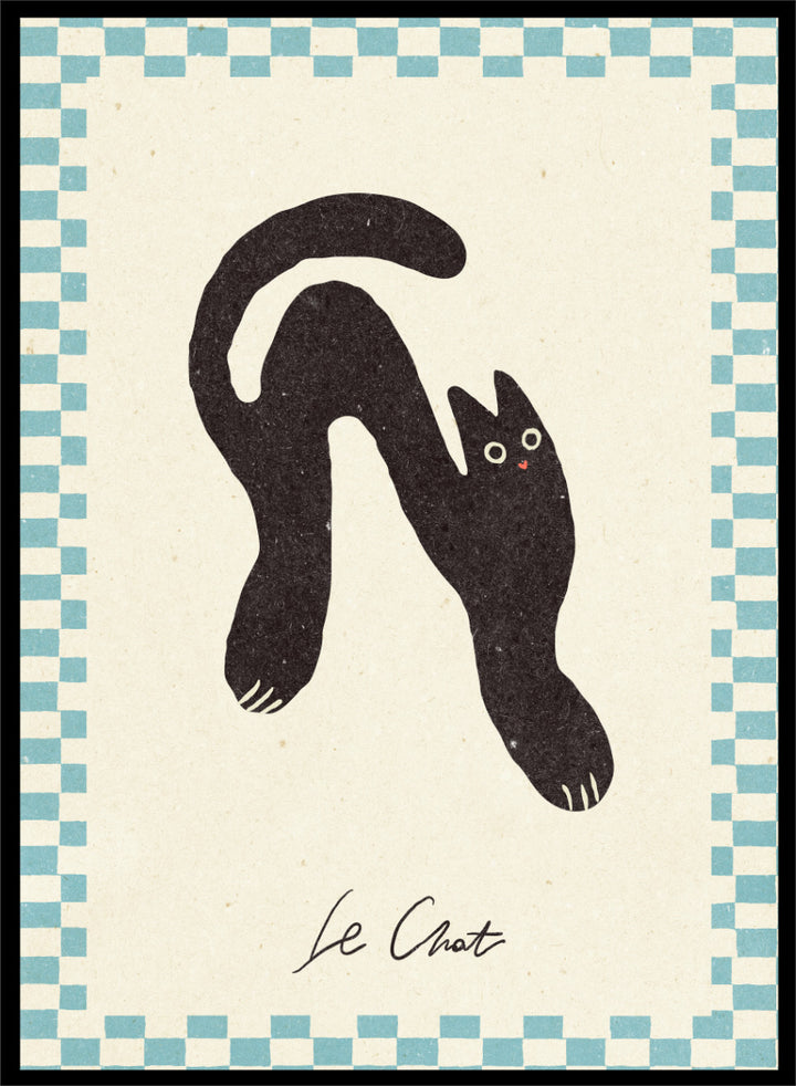Shop Le Chat No.02 by NKTN, a playful black cat wall art print poster featuring a stretched cat, checkerboard border, and quirky vintage-inspired style.