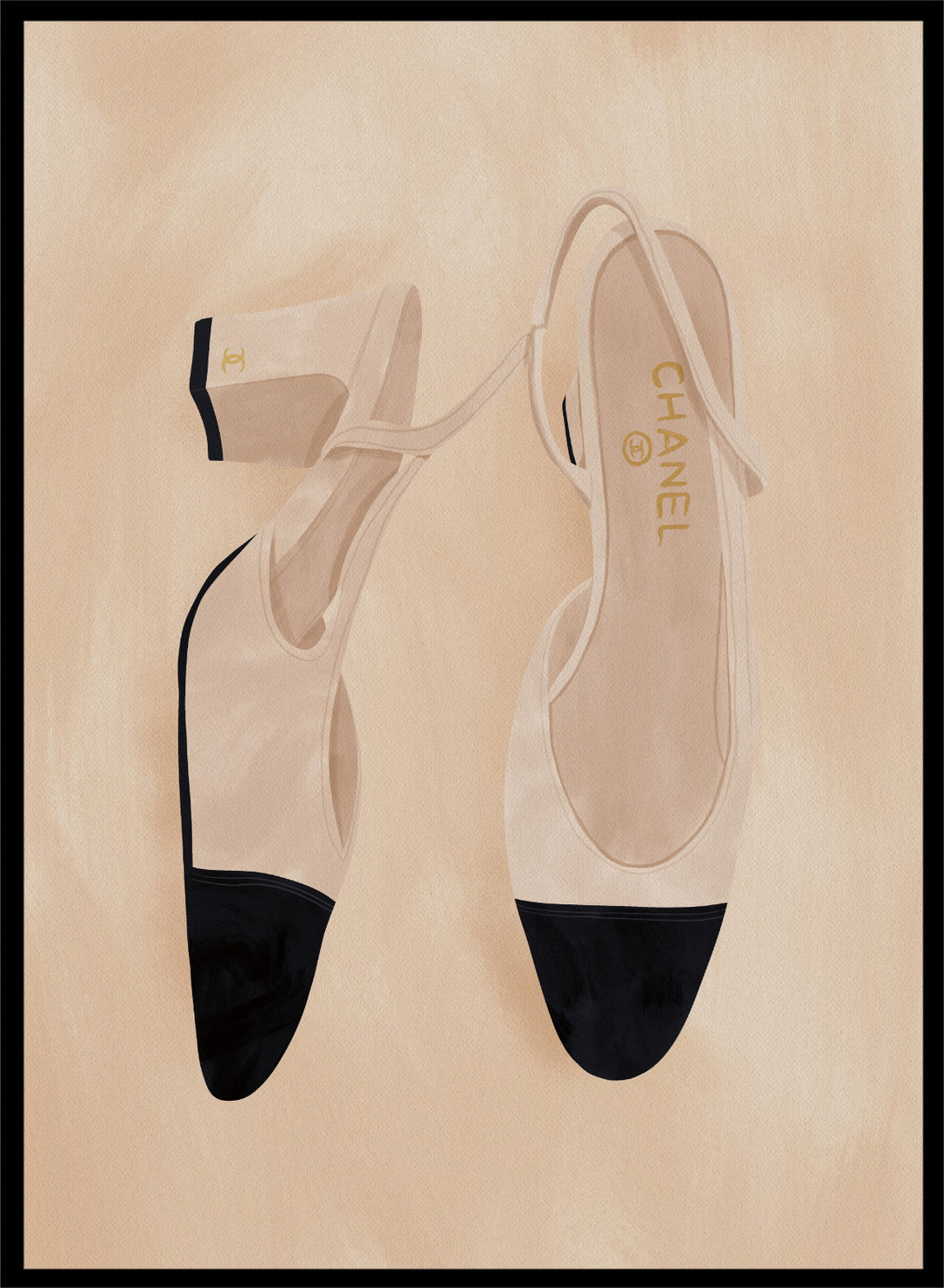 A pair of slingback flats with a beige and black color-blocked design, displayed on a textured beige background with a black border. Chic Cap-Toe Heels by Lisa Solomoniuk premium framed fine art print featuring cream slingback heels with black cap toes on a soft beige background.