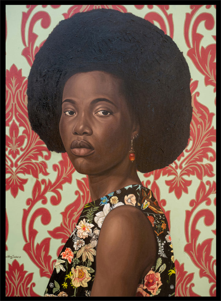 A portrait painting of a woman with a large dark afro hairstyle, wearing a floral-patterned sleeveless top, set against a red and cream damask wallpaper background. Shop Elegant Afro Floral Portrait by Damilare Jamiu, a contemporary portrait art print featuring a woman with afro hair, floral fashion, and rich green and coral tones.