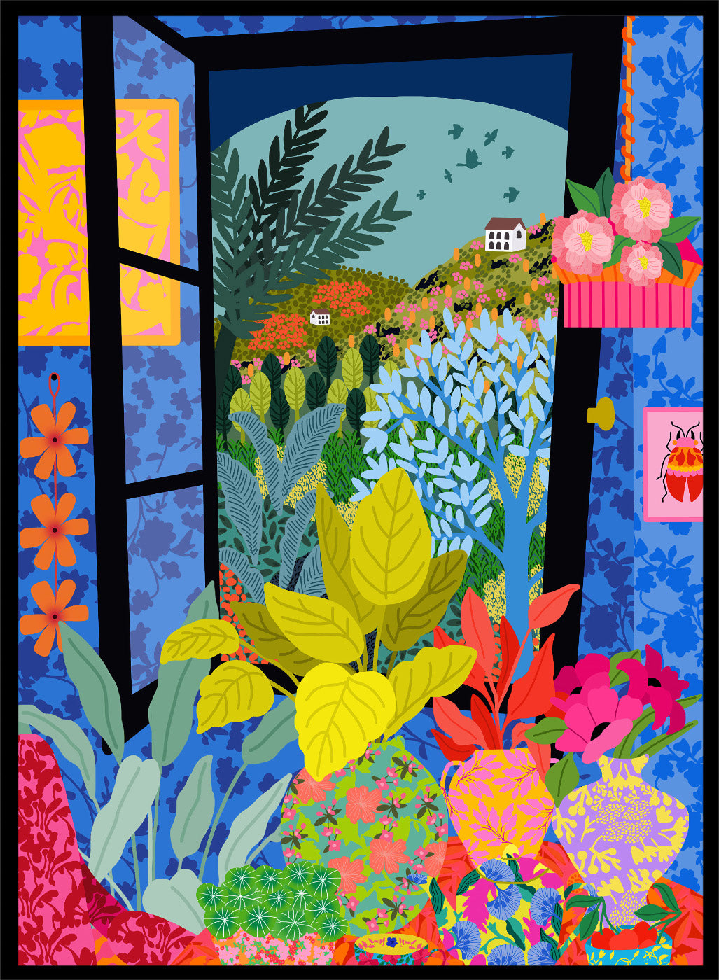 Colorful garden scene with flowers and plants through an open window. View From My Window by Rafaela Mascaro fine art print poster featuring open window, countryside landscape, lush plants, modern contemporary botanical wall art.