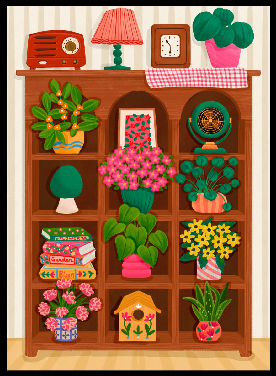 A colorful cartoon-style illustration of a wooden bookshelf filled with potted plants, flowers, books, a lamp, a clock, a radio, and other home decor items, set against a striped wall. Shop Cozy Botanical Shelf by Nidhi Kachhadiya, a colorful botanical wall art print featuring houseplants, flowers, vintage decor, and warm green and pink tones.