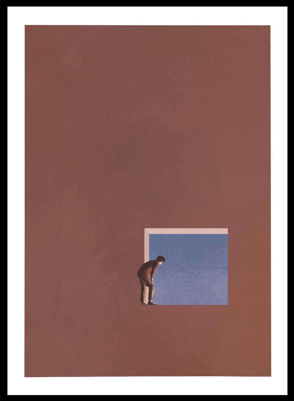 Curiosity by Maarten Léon is a minimalist collage art print showing a figure peering into a blue opening, exploring themes of curiosity and quiet discovery.