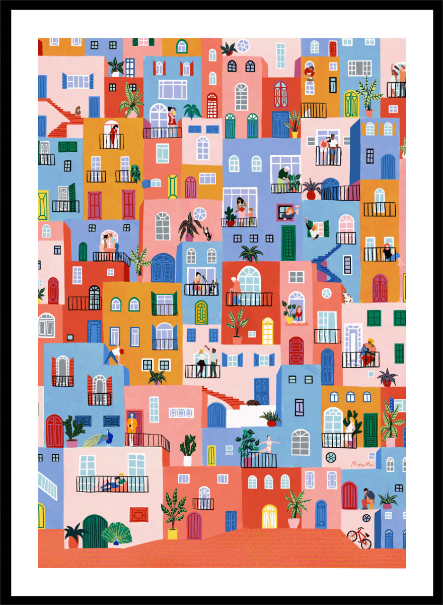 A framed art print featuring a colorful, whimsical illustration of Mediterranean-style buildings with people, animals, and plants. Colorful Town Life by Ceyda Alasar city art print featuring vibrant buildings, balconies, neighbors, plants, and lively urban details in bold color.