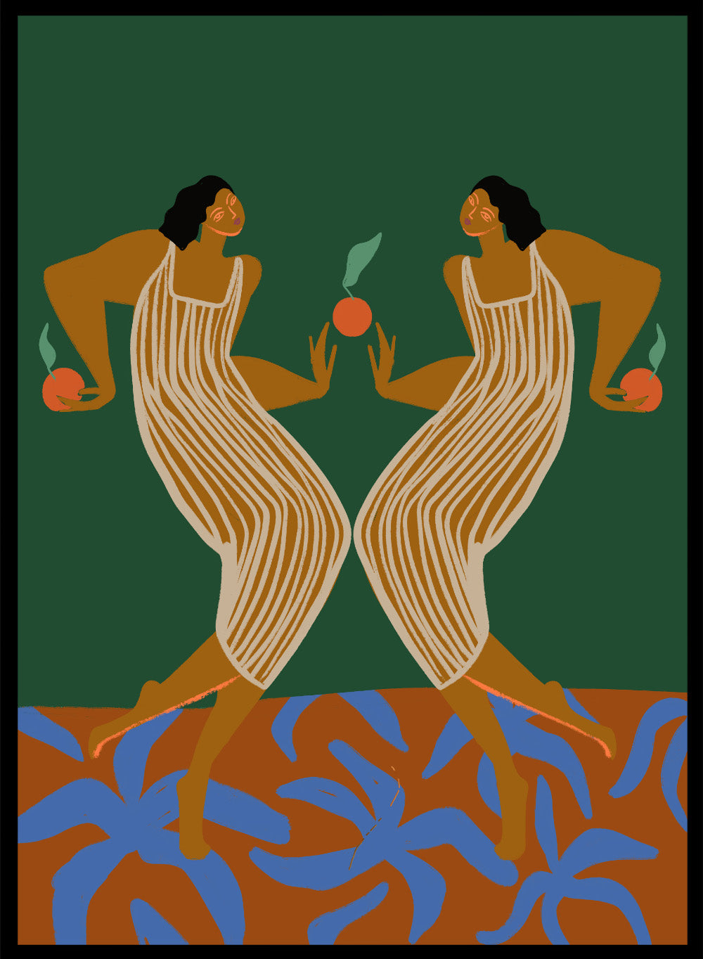 Artistic depiction of two women in a mirror, holding apples, with a green background and blue plant-like shapes at the bottom. Mirror by Arty Guava art print, modern woman illustration with oranges, contemporary figurative wall poster in bold green and warm tones.