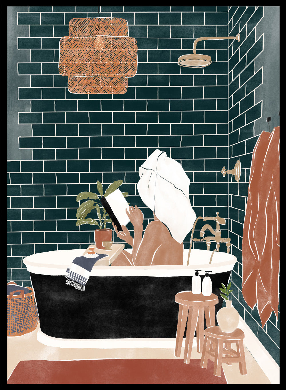 Bathroom Babe by Ivy Green is a contemporary illustration art print featuring a woman relaxing in a bathtub. Premium fine art print with real wood framing.