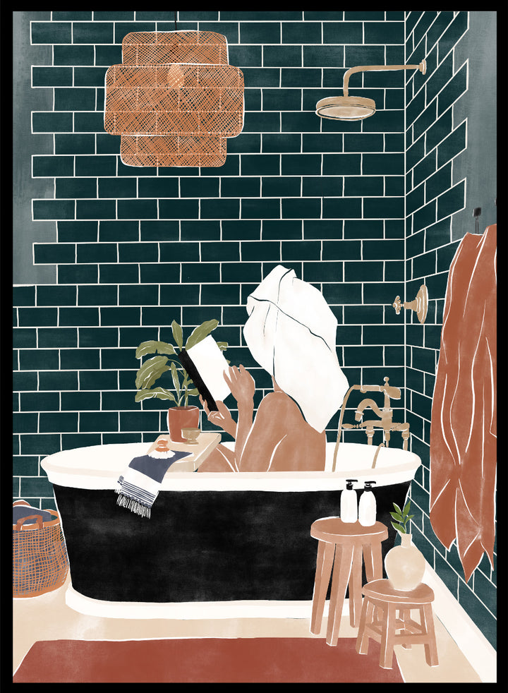 Bathroom Babe by Ivy Green is a contemporary illustration art print featuring a woman relaxing in a bathtub. Premium fine art print with real wood framing.