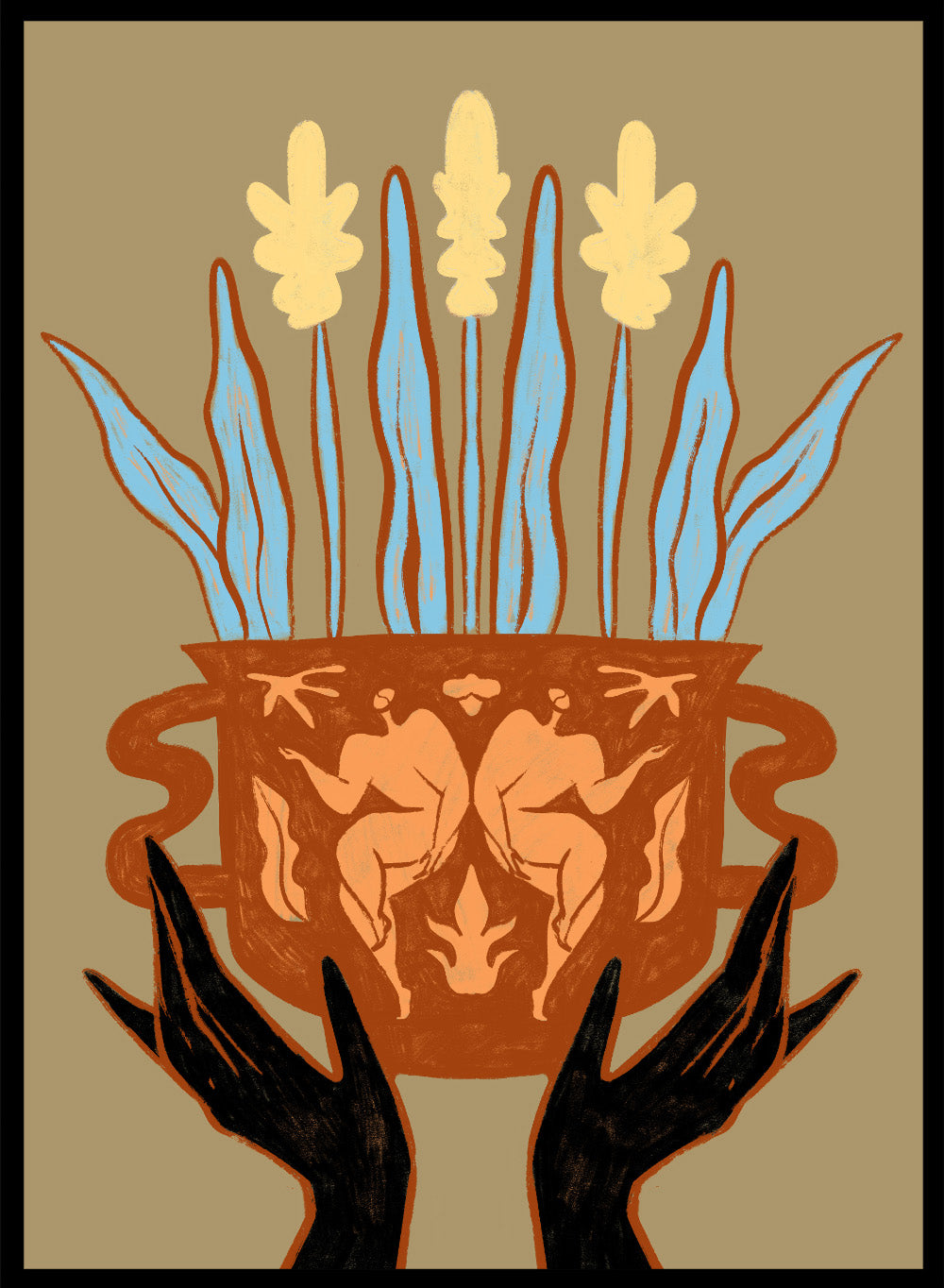 Decorative illustration of a vase with floral design and hands holding it, on a beige background. Vessel Collection: Growth by Arty Guava art print, modern vase wall poster with botanical illustration, contemporary minimalist line artwork.