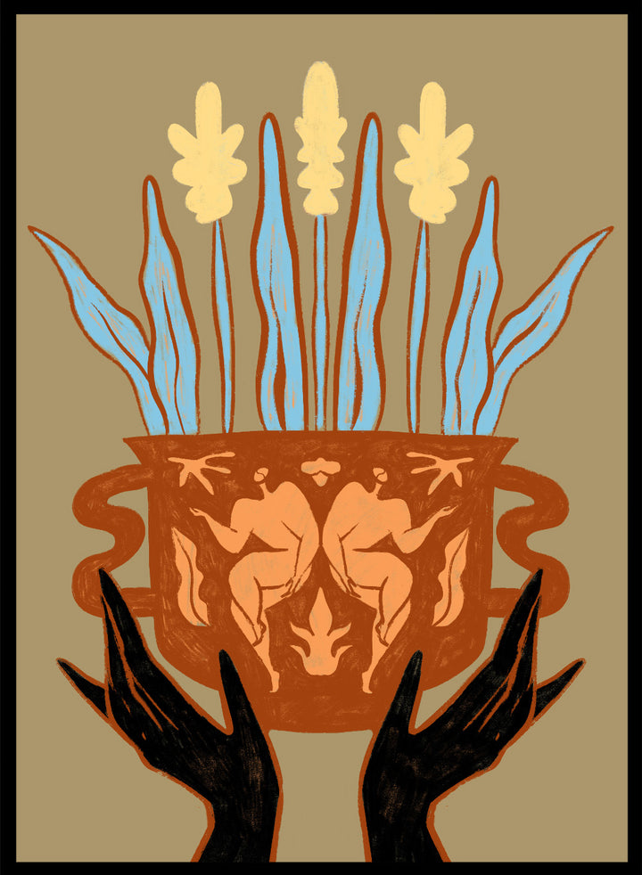 Decorative illustration of a vase with floral design and hands holding it, on a beige background. Vessel Collection: Growth by Arty Guava art print, modern vase wall poster with botanical illustration, contemporary minimalist line artwork.