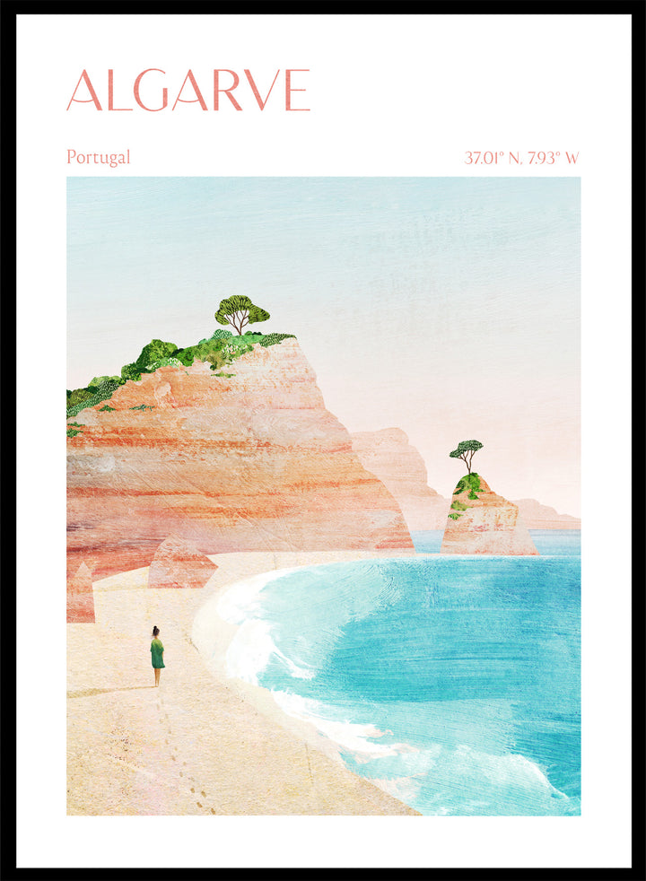 Illustration of a beach scene with cliffs and a person standing on the shore, labeled 'Algarve, Portugal'. Algarve Coastal Walk by Longwayhome is a minimalist coastal landscape art print featuring Portugal cliffs, turquoise ocean scenery, and modern travel inspired design.