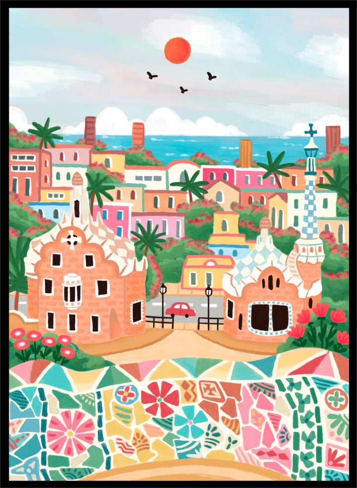 A colorful stylized illustration of a coastal town with pastel buildings, palm trees, a mosaic wall in the foreground, blue sea, and a red sun in the sky. Shop Colorful Coastal Dream by Nidhi Kachhadiya, a vibrant Barcelona wall art print inspired by Park Güell, Gaudí architecture, mosaics, and bright coastal color.