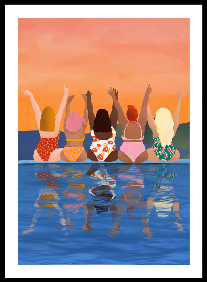 A framed art print featuring a stylized illustration of five women sitting in a pool at sunset, seen from behind as they raise their arms. The background is a warm orange sky, and the water below reflects their silhouettes. Summer Sunset Friends by Ceyda Alasar friendship art print featuring five women by the water in patterned swimsuits beneath a glowing orange sky.