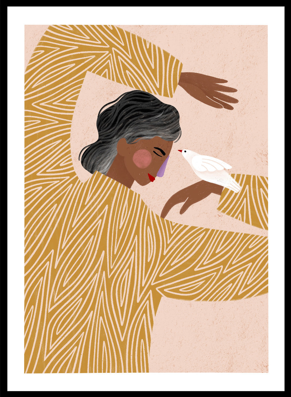 The Woman With a Bird by Bea Müller is an officially licensed art print featuring a modern illustrated woman and a white bird. Available framed or unframed.