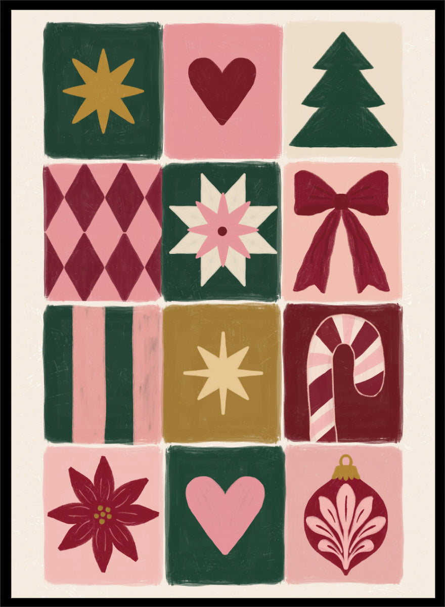 Shop Festive Christmas Grid by Katarzyna Gąsiorowska, a Christmas wall art print poster featuring a tree, bow, candy cane, poinsettia, ornament, and holiday motifs.