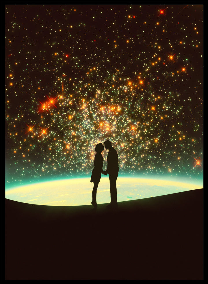 Silhouette of a couple against a starry night sky with Earth in the background. A Cosmic Kiss by Taudalpoi romantic couple silhouette art print with glowing stars and cosmic horizon surreal poster wall art.
