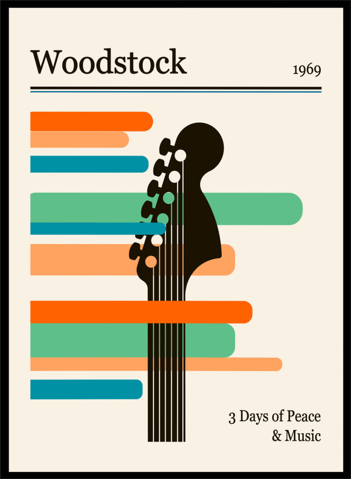 A graphic poster-style design for Woodstock 1969, featuring a black guitar headstock silhouette layered over horizontal orange, teal, and blue bars on a warm cream background. The text reads &