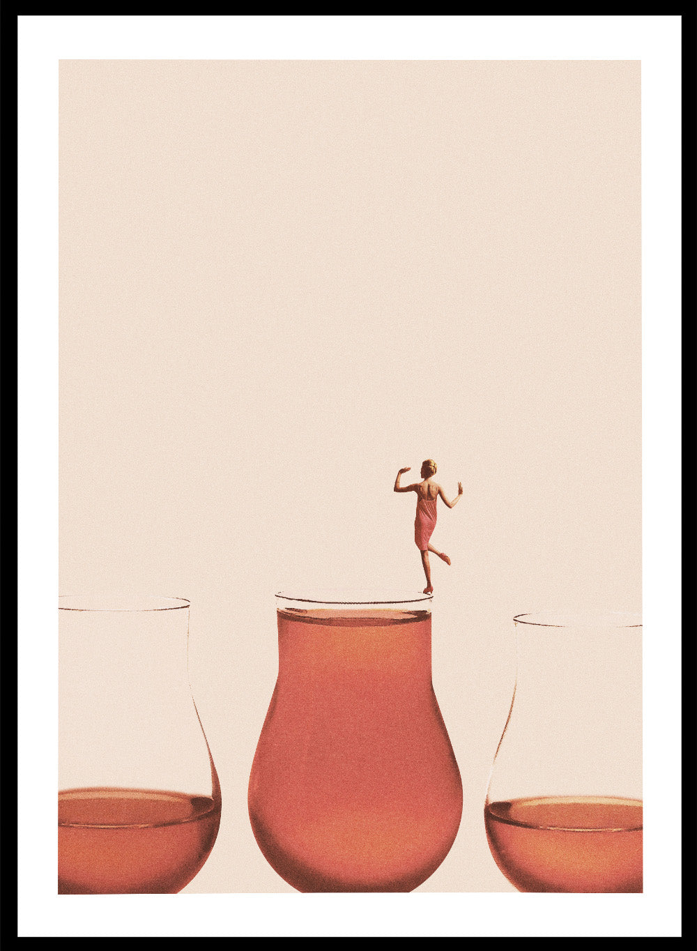 I Prefer the Full One by Maarten Léon collage art print featuring a woman standing on a full glass. Premium fine art print with real wood framing.