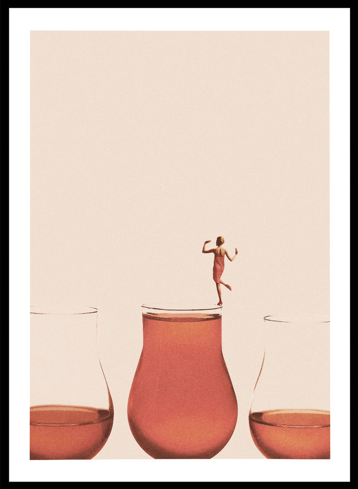 I Prefer the Full One by Maarten Léon collage art print featuring a woman standing on a full glass. Premium fine art print with real wood framing.