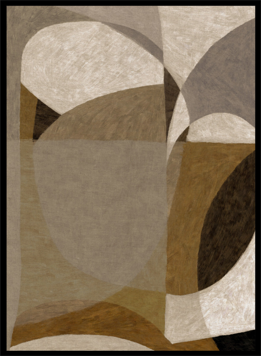 An abstract geometric area rug featuring overlapping organic shapes in shades of taupe, beige, brown, and charcoal gray. Shop Earthy Abstract Shapes by Dan Hobday, a neutral abstract art print featuring layered organic forms, warm earthy tones, and soft textured detail.