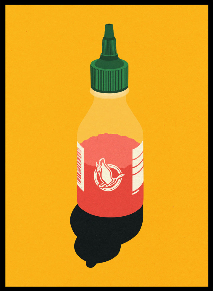 Chilli sauce bottle illustration on a yellow background. Chilli Sauce by Rosi Feist is a bold kitchen art print featuring a hot sauce bottle in modern graphic style. Contemporary food poster wall art.