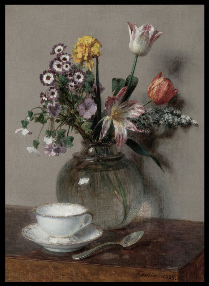 Shop Still Life with a Cup of Coffee by Henri Fantin-Latour, a vintage floral wall art print poster featuring a coffee cup and bouquet in soft brown tones.