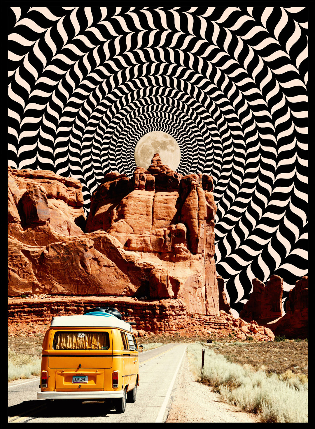Van on a road with a surreal landscape and optical illusion pattern. The Real Road Trip by Taudalpoi surreal desert road trip art print with vintage van, red rock canyon and hypnotic cosmic sky, retro sci fi poster wall art.