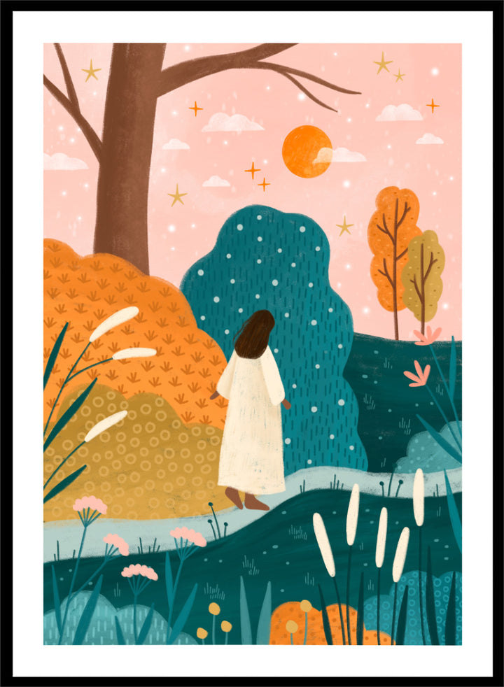 Shop Dreamy Path Exploration by Bea Müller, a figurative autumn landscape wall art print poster featuring a woman on a colorful garden path in blue and orange tones.