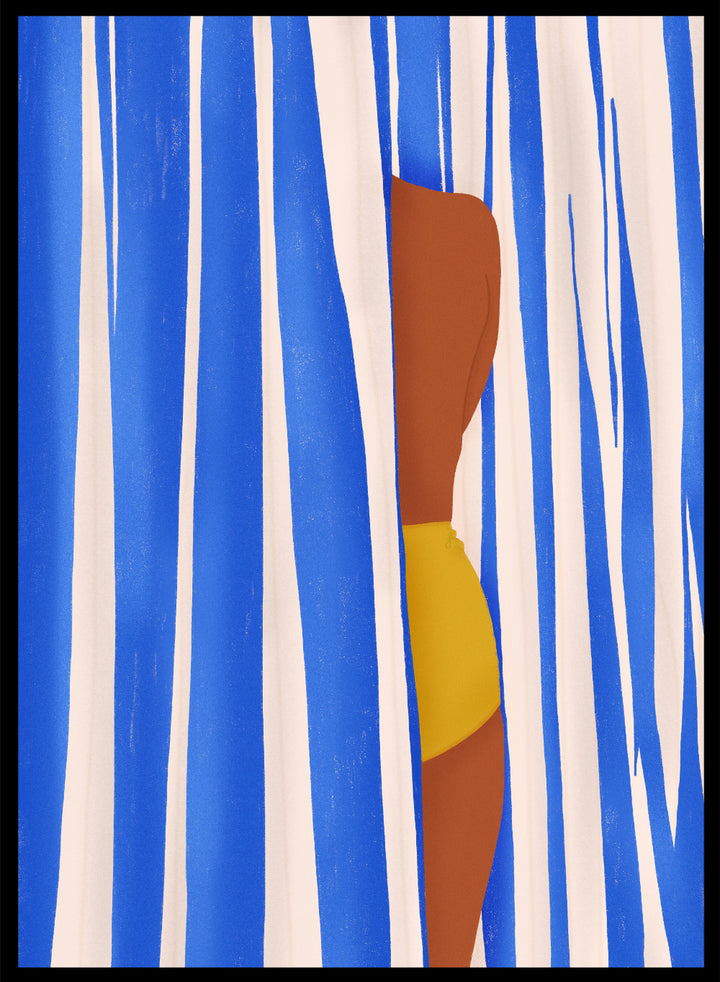 Summer Tan by Jota de Jai is a modern beach wall art print with blue stripes and a yellow swimsuit. Officially licensed fine art poster with optional wood frame.
