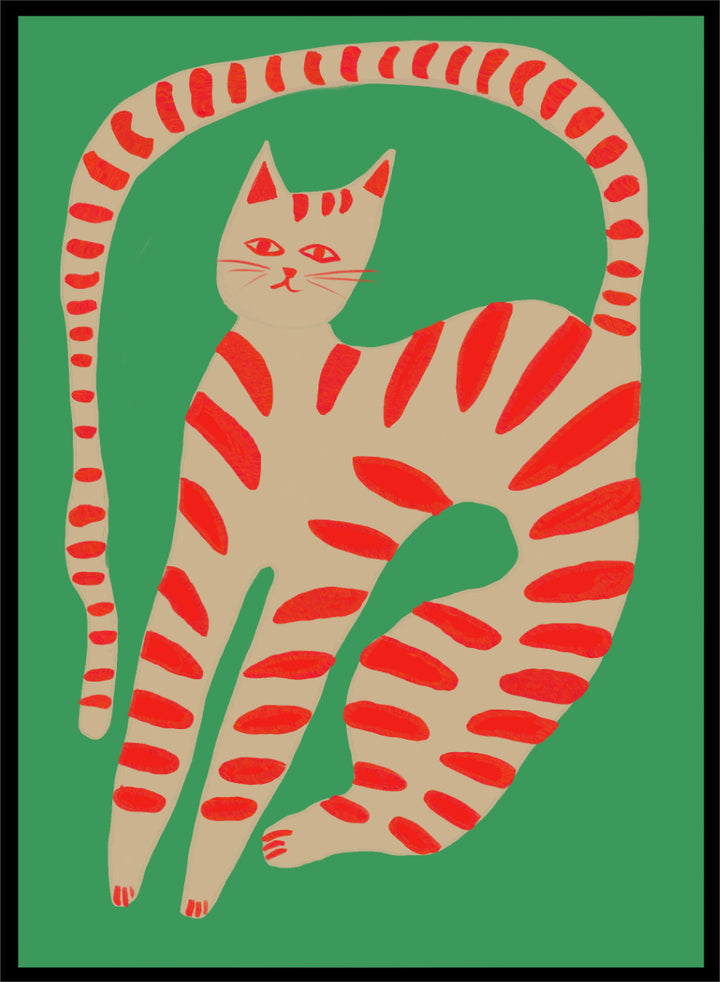 A stylized art print of a cat curled up in a circle, featuring a beige body with red stripes on a solid green background. Striped Cat Stretching by The Art Concept art print featuring a playful striped cat, green background, and bold red accents.