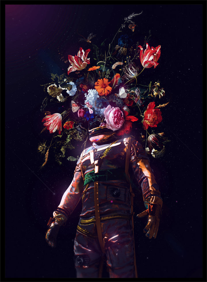 Person wearing a costume with floral headpiece against a dark background. Cosmic Garden Astronaut by Nicebleed is a surreal floral space art print featuring an astronaut with blooming flowers, modern aesthetic wall poster.