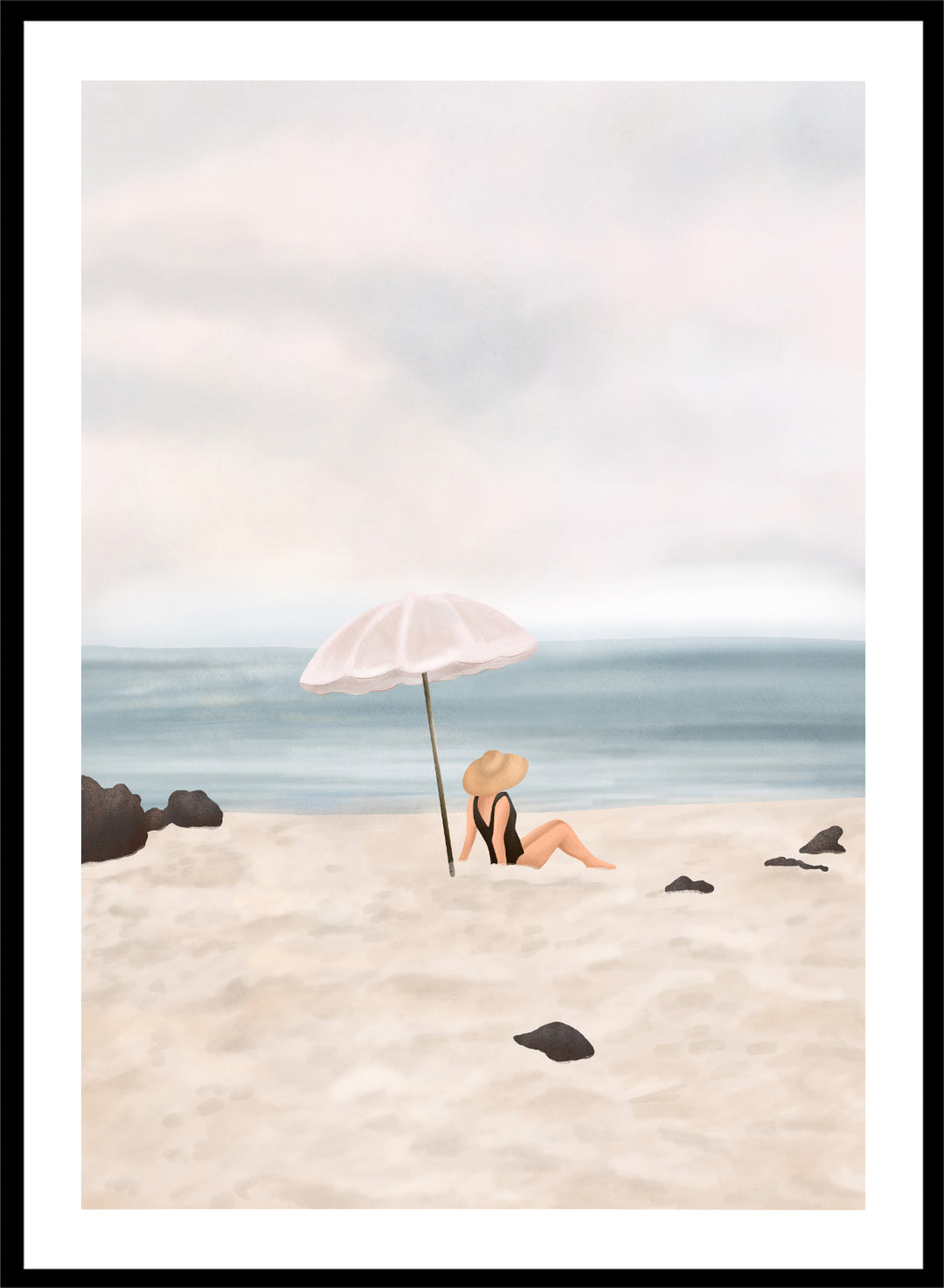 Woman under an umbrella on a beach with a calm ocean and sky. Serene Beach Scene by Flow Line is a coastal art print featuring a woman by the ocean, beach umbrella, seaside illustration, and summer wall art.