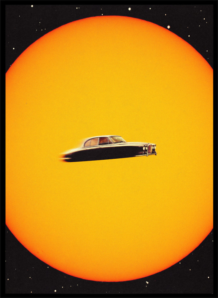 UFO-like object on a yellow background. Space Chase by Taudalpoi surreal retro car in space art print with giant sun and vintage vehicle, cosmic collage sci fi poster wall art.