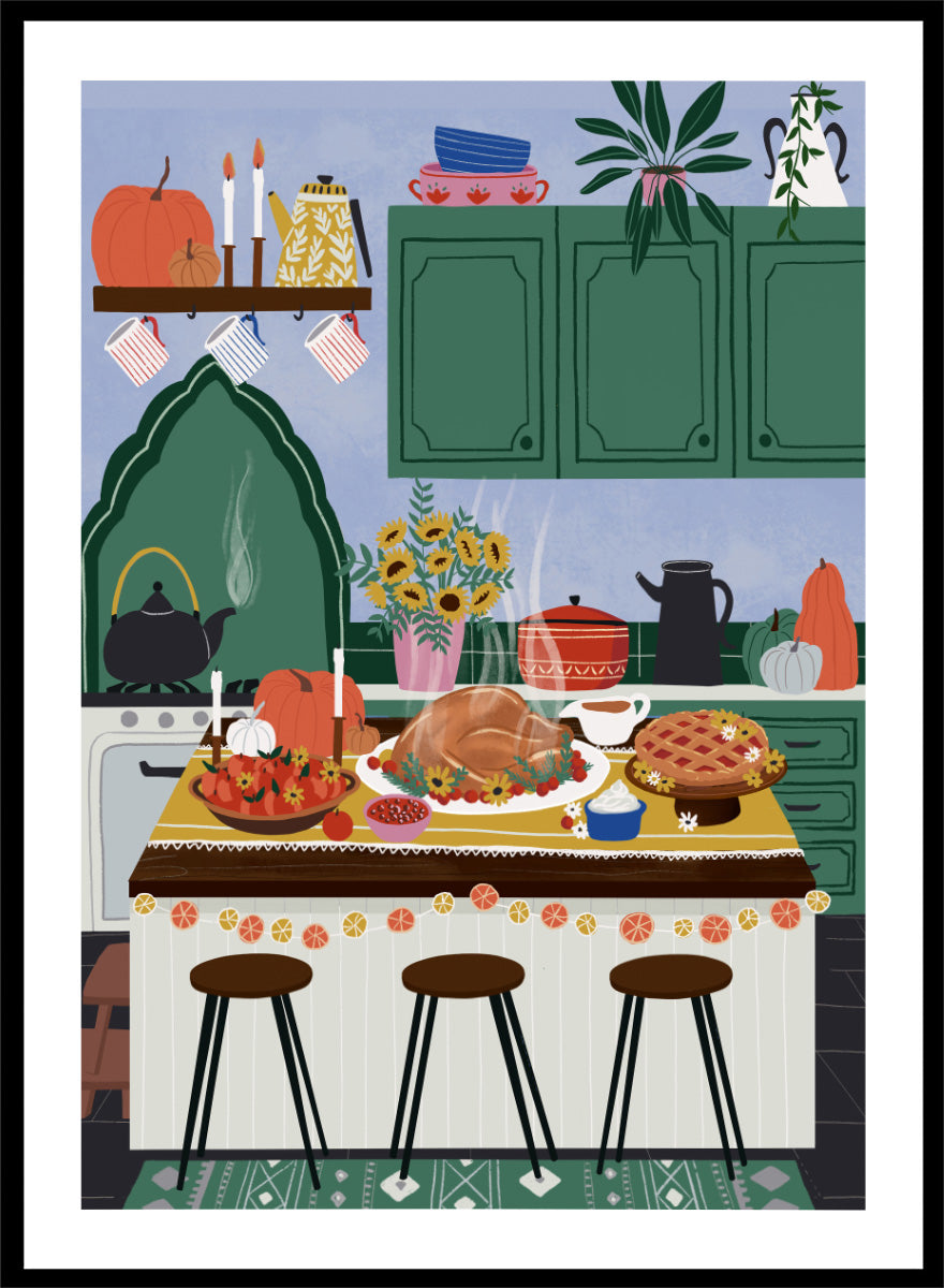 A framed art print depicting a cozy, stylized autumn kitchen scene with a large roasted turkey on a table covered in fall dishes, green cabinets, pumpkins, and three bar stools. Cozy Thanksgiving Kitchen by Ceyda Alasar kitchen art print featuring a turkey feast, pie, pumpkins, flowers, candles, and warm autumn decor.