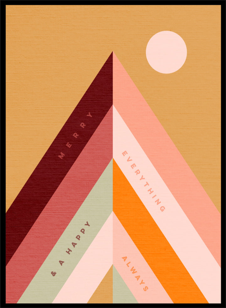 Shop Merry Everything Mountains by Dominique Vari, a retro holiday wall art print poster featuring colorful geometric mountains, cheerful typography, and warm festive tones.