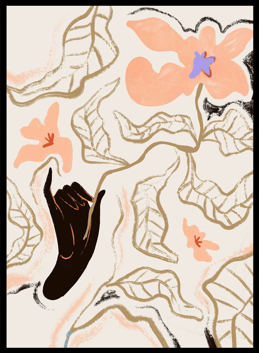 Abstract artwork with a black hand reaching towards flowers on a light background. Fleur by Arty Guava is a modern floral art print with soft abstract flowers and hand-drawn linework. Officially licensed wall poster with framing.
