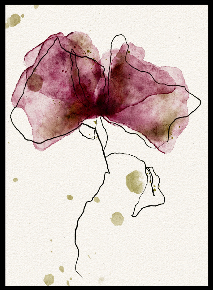 Abstract watercolor floral art print featuring a large flower with translucent mauve, burgundy, and olive-green washes outlined in black on textured off-white paper. Shop Ethereal Floral Outline by Ankie Kooi, a modern floral wall art print poster with abstract flower line art, watercolor botanicals, deep berry, and olive green.