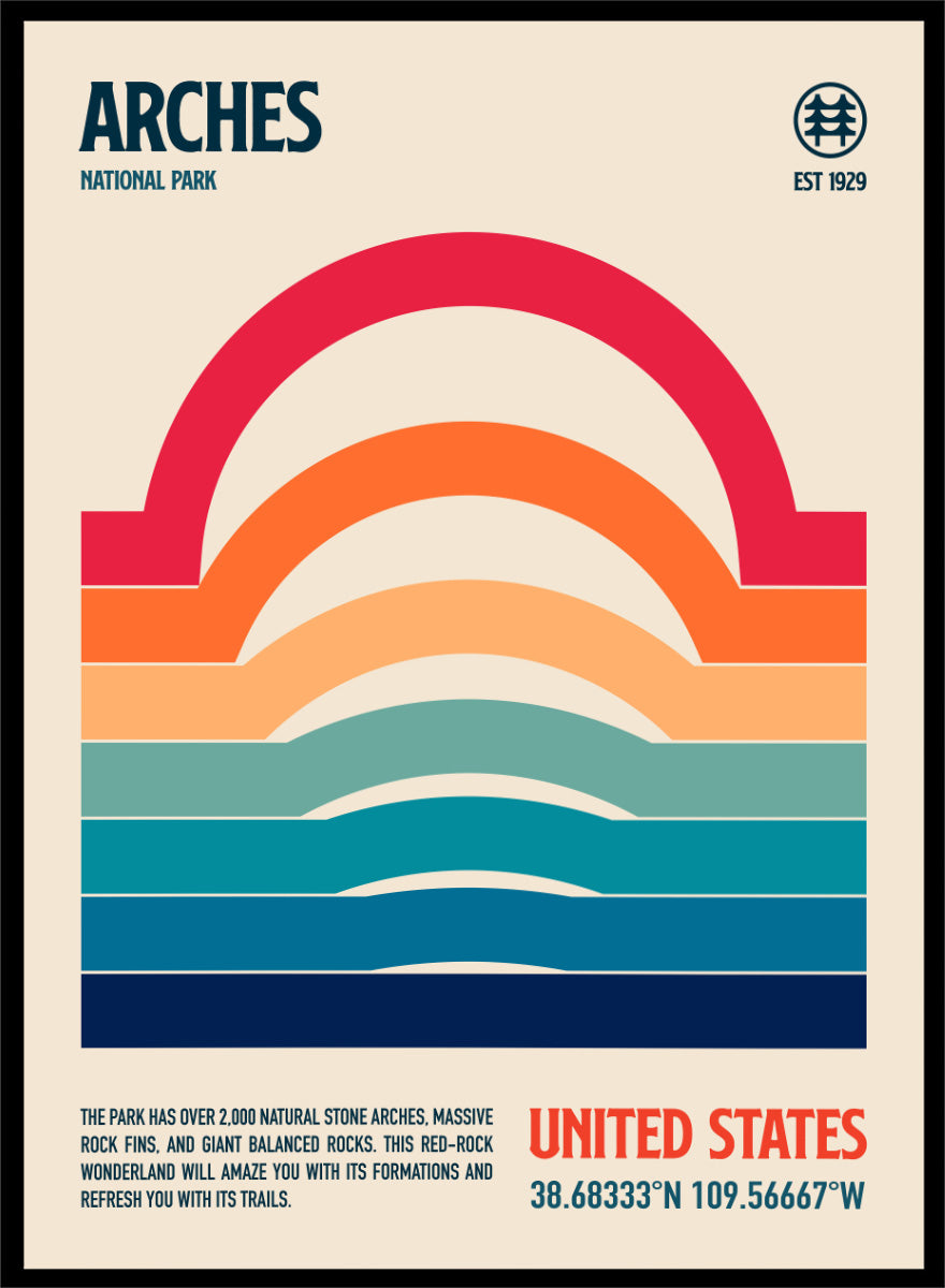 A retro-style poster for Arches National Park featuring a stylized rainbow arch made of horizontal color bands on a cream background, with the text 'ARCHES NATIONAL PARK' at top left and 'UNITED STATES' at bottom right. Arches Desert Stripes by Retrodrome travel art print inspired by Arches National Park, with layered desert colors, retro stripes, and vintage poster details.