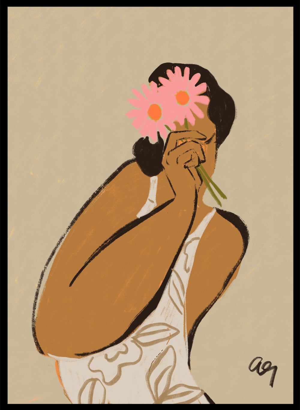 Illustration of a person holding a pink flower to their face against a beige background. Mask by Arty Guava art print, modern woman illustration holding flowers, contemporary figurative wall poster in soft neutral tones.