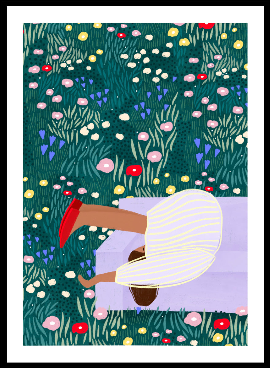 Shop Lush Garden Dreams by Bea Müller, a figurative floral wall art print poster featuring a woman reclining among colorful flowers and lush green garden foliage.