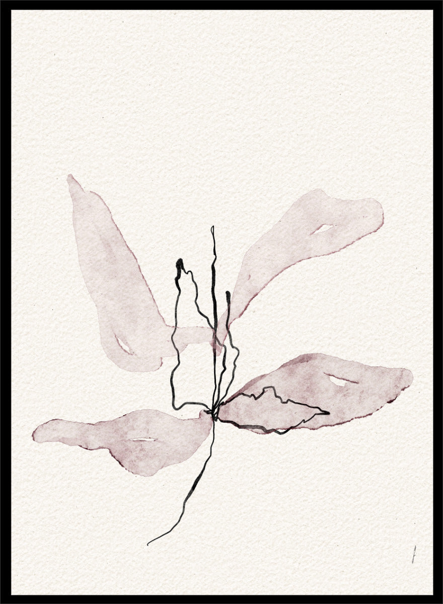 Abstract botanical art print featuring soft watercolor sepia and dusty rose leaf-like shapes with black sketch lines on textured off-white paper. Shop Delicate Botanical Bloom by Ankie Kooi, a modern floral wall art print poster with abstract flower art, minimalist linework, soft pink, cream, and black.