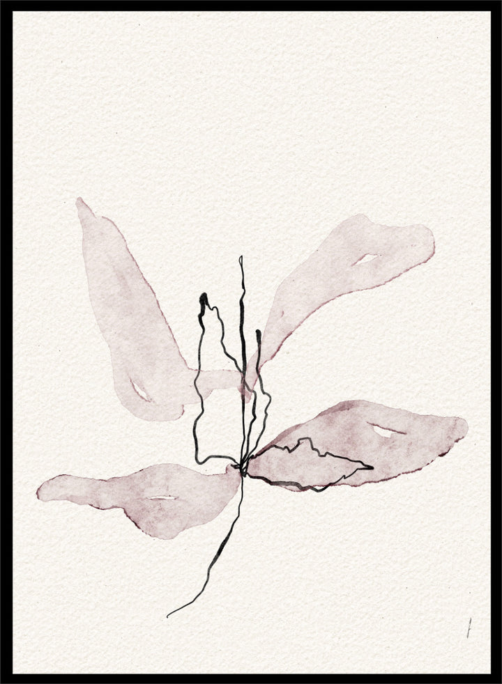 Abstract botanical art print featuring soft watercolor sepia and dusty rose leaf-like shapes with black sketch lines on textured off-white paper. Shop Delicate Botanical Bloom by Ankie Kooi, a modern floral wall art print poster with abstract flower art, minimalist linework, soft pink, cream, and black.