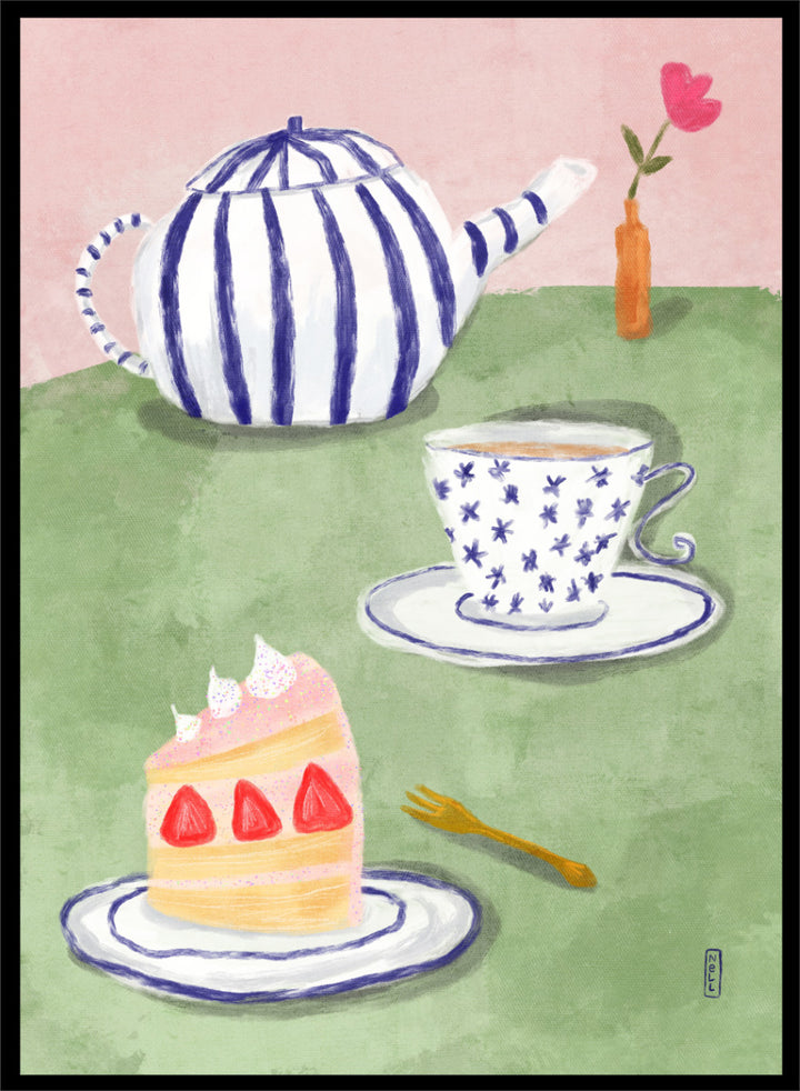 A whimsical watercolor-style illustration of a tea-time scene with a blue-and-white striped teapot, a blue-and-white patterned teacup and saucer, a slice of strawberry cake on a plate, a small gold fork, and a pink background with a vase holding a flower. Shop Strawberry Tea Time by Dirkie Nell, a colorful still life art print featuring strawberry cake, tea, a striped teapot, pink flowers, and retro pastel tones.