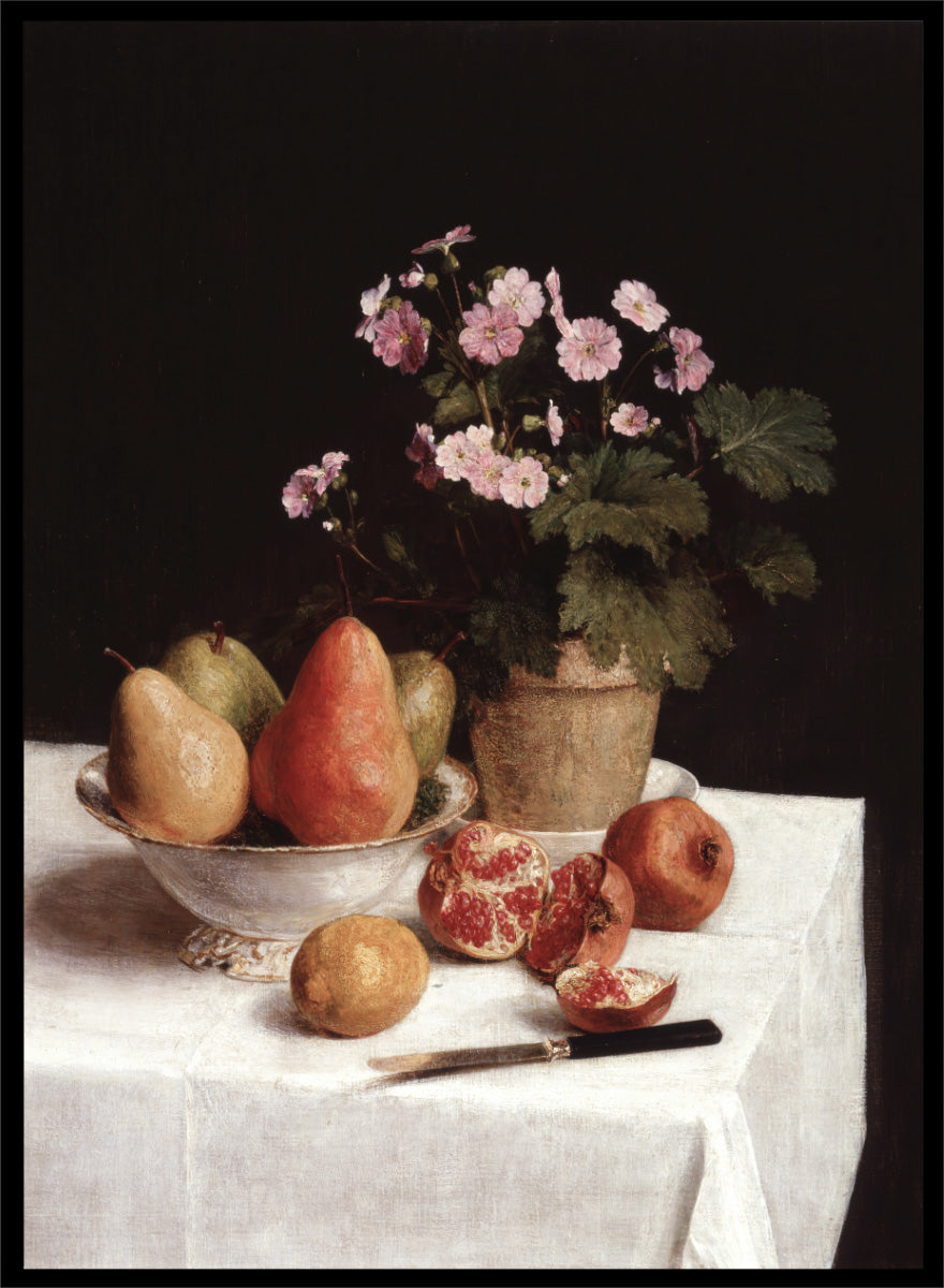 Shop Still Life with Primroses, Pears and Pomegranates by Henri Fantin-Latour, a vintage still life wall art print poster with warm brown tones.