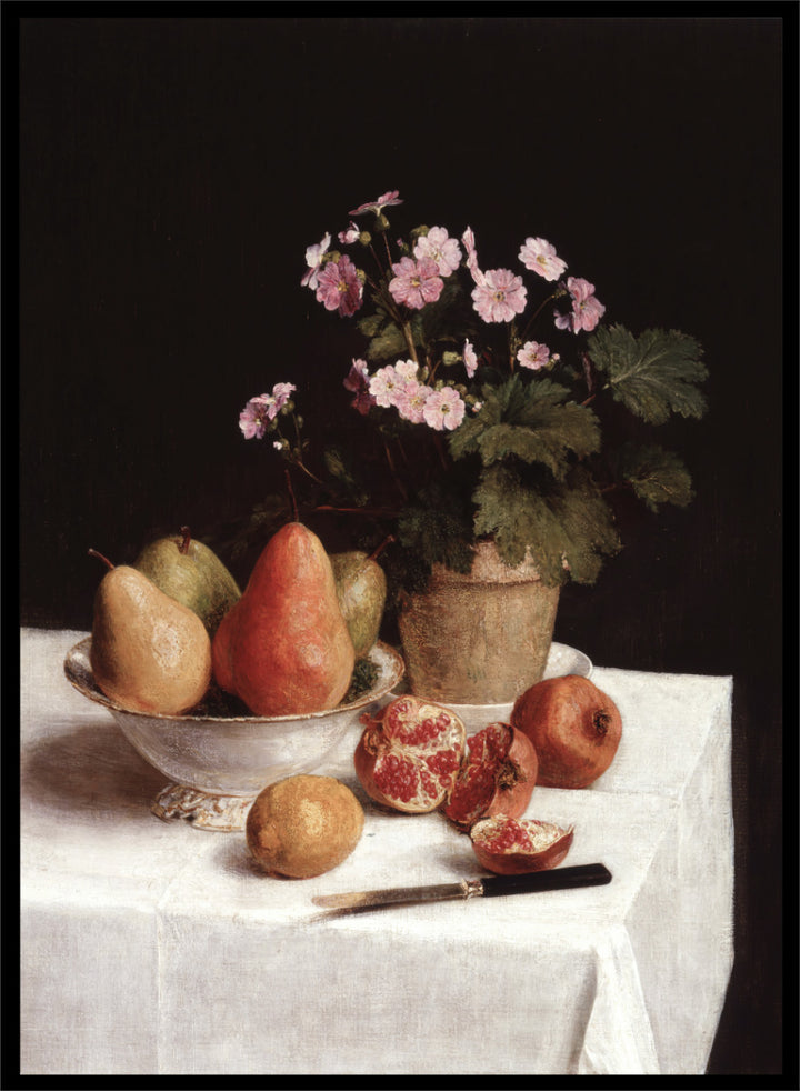 Shop Still Life with Primroses, Pears and Pomegranates by Henri Fantin-Latour, a vintage still life wall art print poster with warm brown tones.