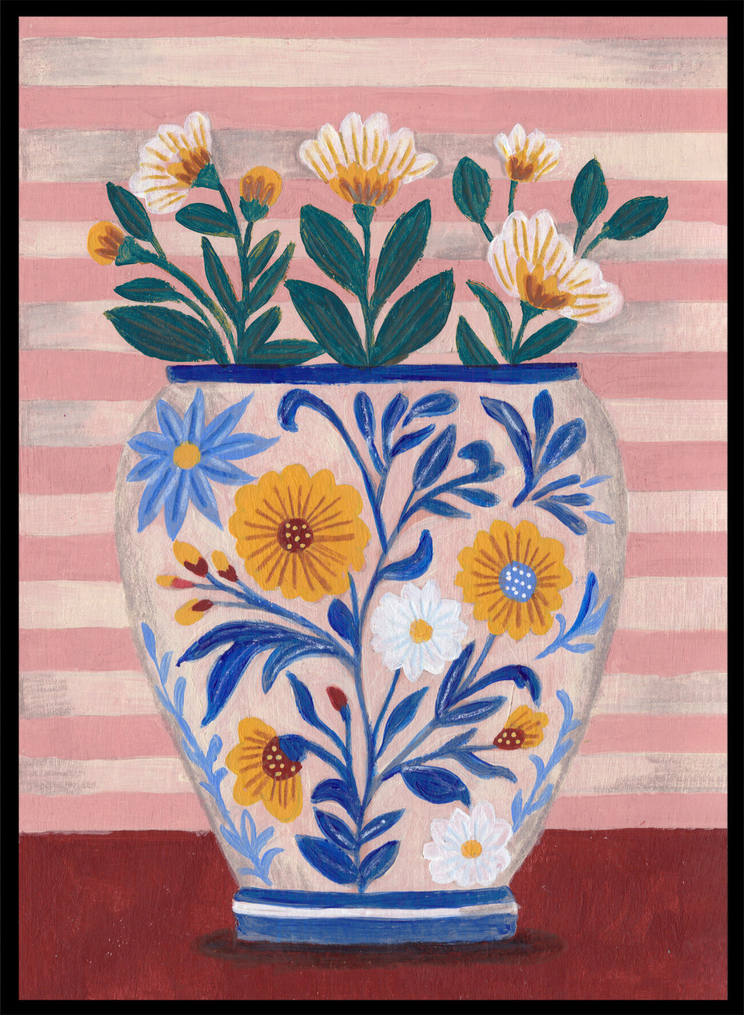 Decorative vase with floral design on a striped background. Potted Florals Pastels & Stripes by Caroline Bonne Müller is a fine art print and wall poster featuring a floral vase with pastel stripes background.