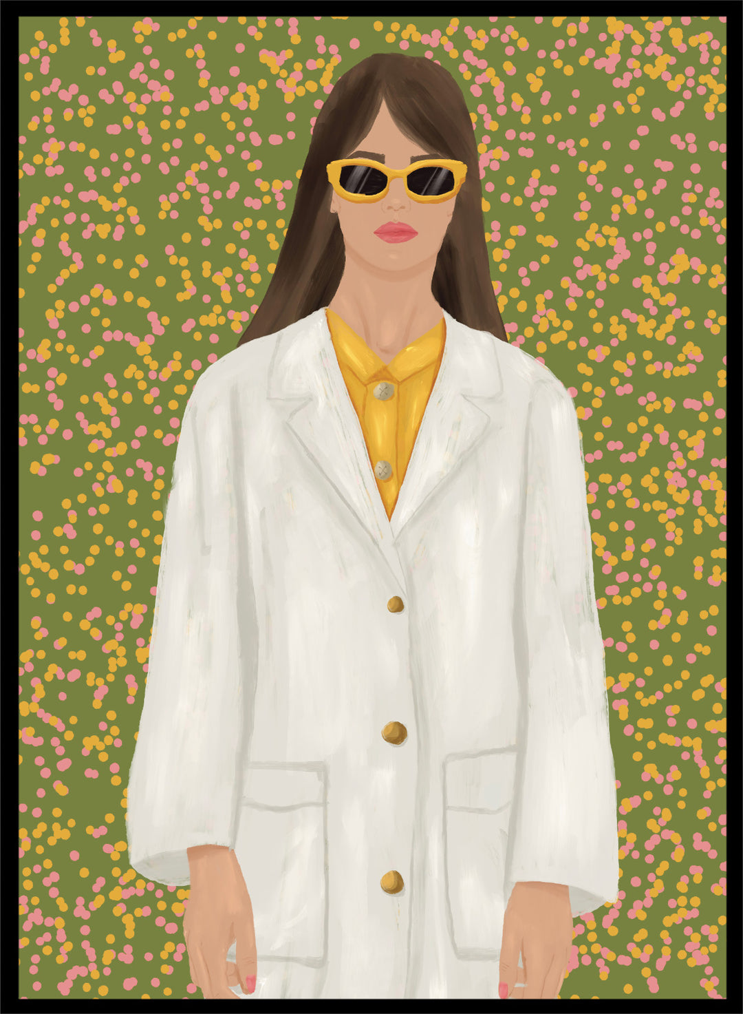 A stylized portrait of a woman wearing a white coat over a yellow top and yellow sunglasses, set against a green background filled with small pink and yellow dots. Chic Woman in Sunglasses by Lisa Solomoniuk premium framed fine art print featuring a woman in an oversized white coat and yellow sunglasses.