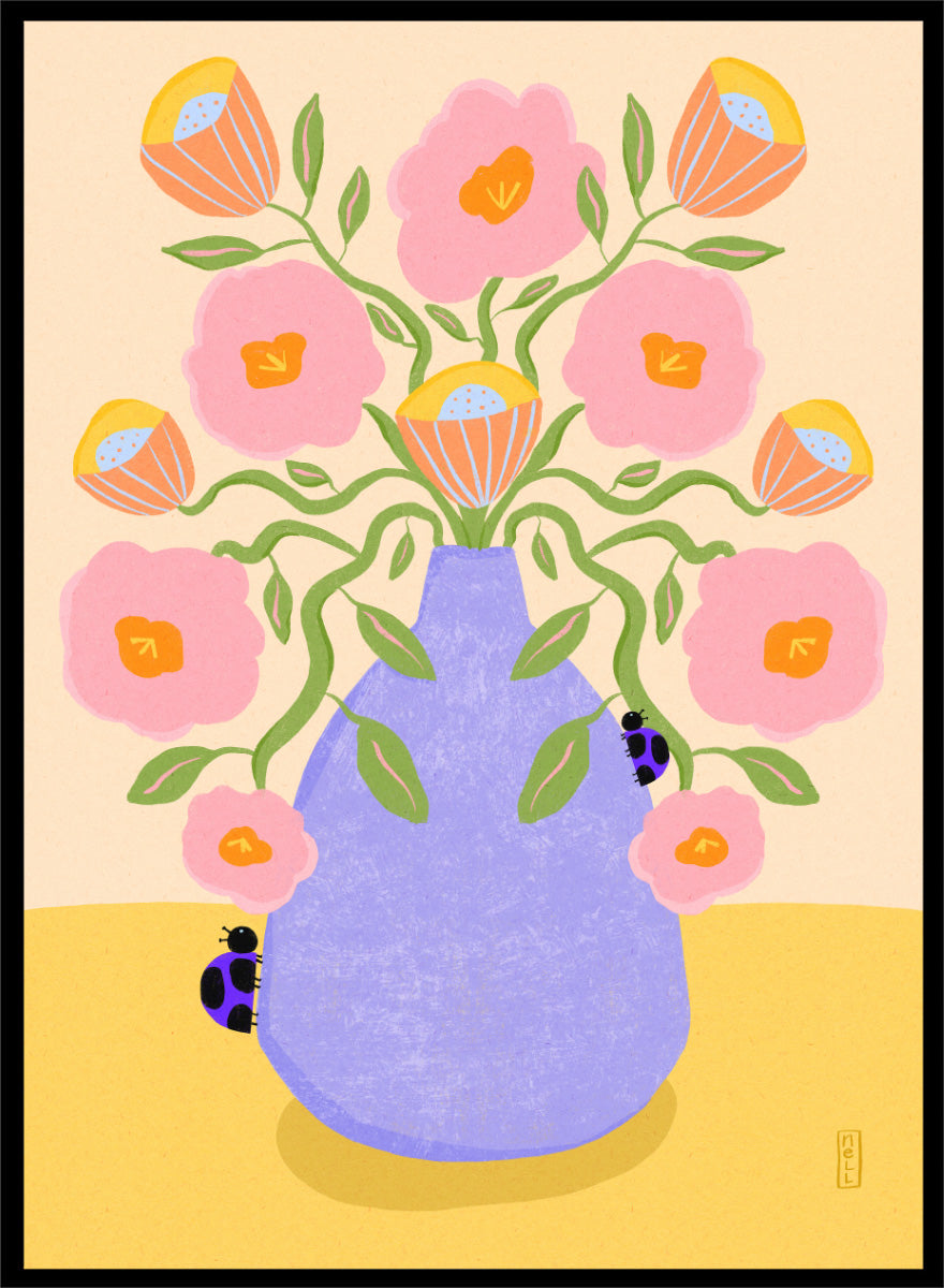 A stylized floral art print showing pink flowers with orange centers and green stems arranged in a light purple vase on a pale yellow surface. Shop Pink Flowers Ladybugs by Dirkie Nell, a colorful floral art print featuring pink flowers, a lavender vase, green stems, and playful ladybugs.