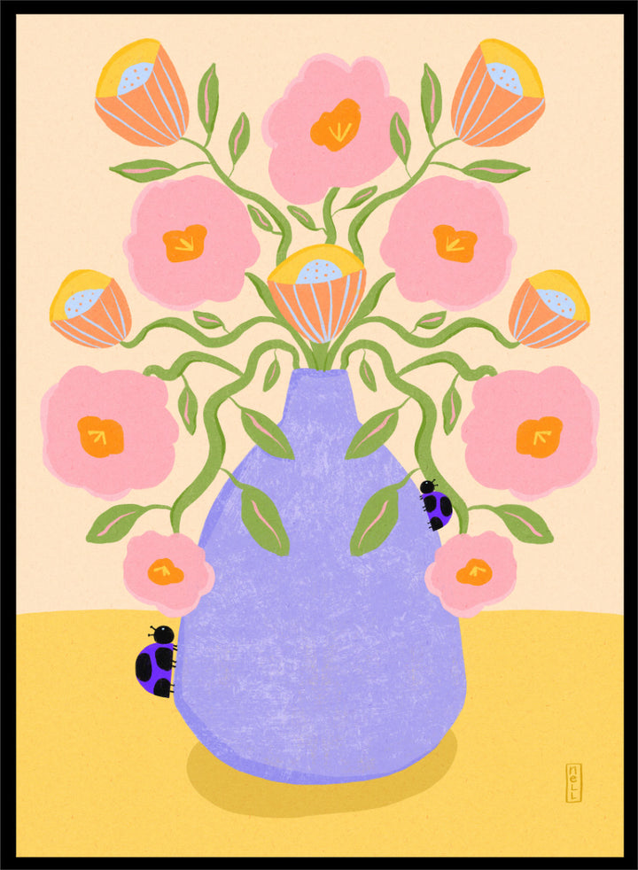 A stylized floral art print showing pink flowers with orange centers and green stems arranged in a light purple vase on a pale yellow surface. Shop Pink Flowers Ladybugs by Dirkie Nell, a colorful floral art print featuring pink flowers, a lavender vase, green stems, and playful ladybugs.